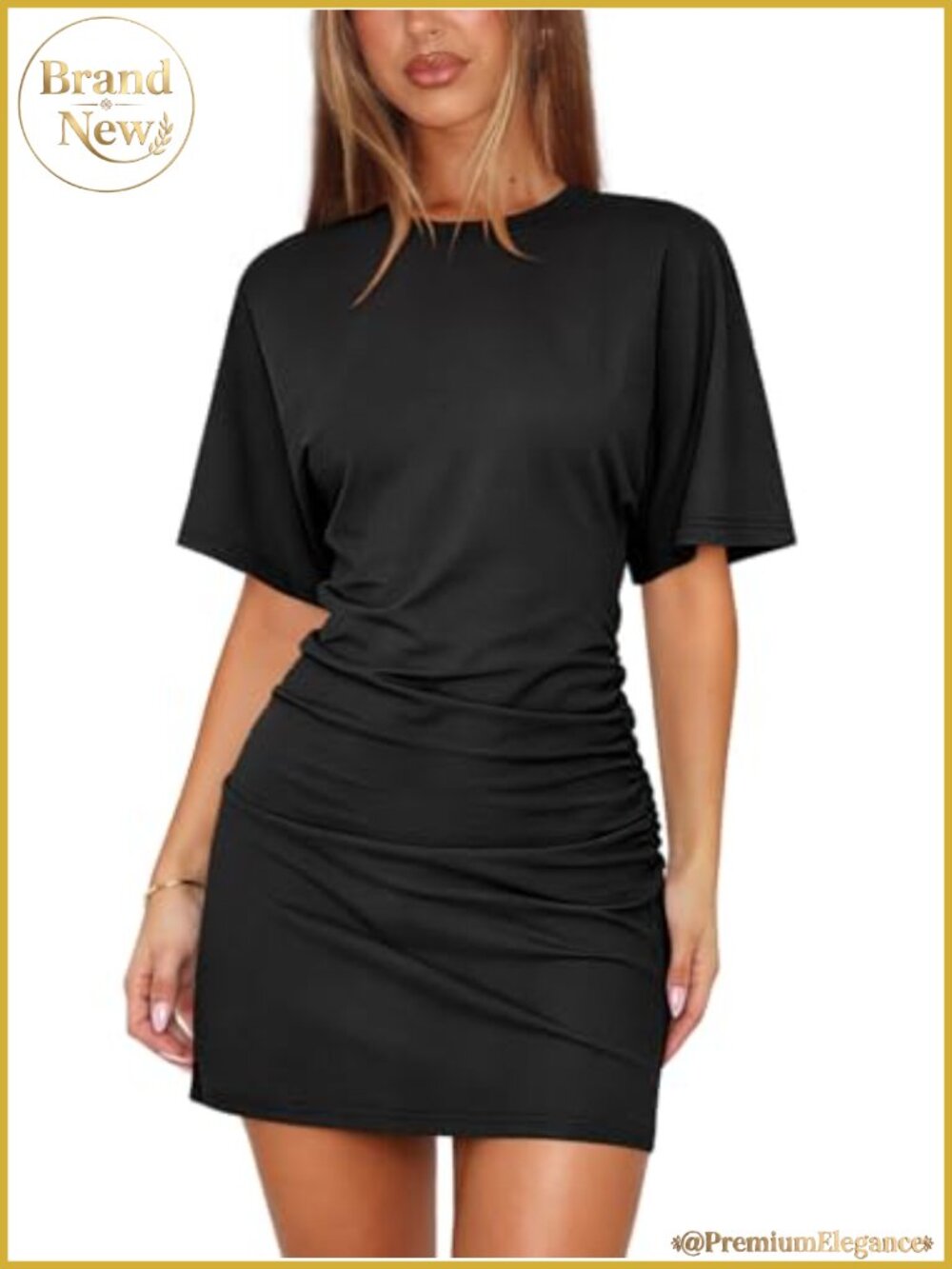 Women T Shirt Dress Ruched Cinched Waist Bodycon Mini Casual